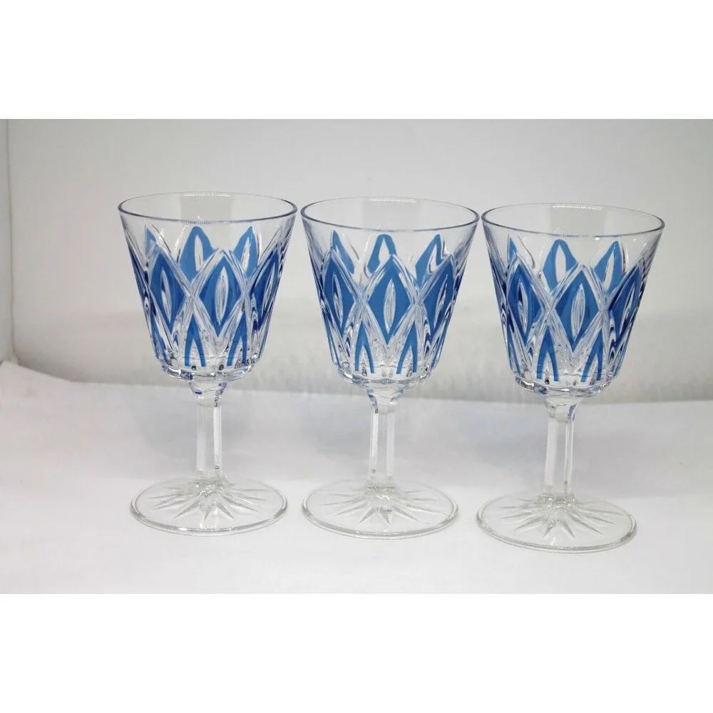 50’s MCM French Diamond Cut Crystal Wine Glasses by VMC Reims S/3 Blue